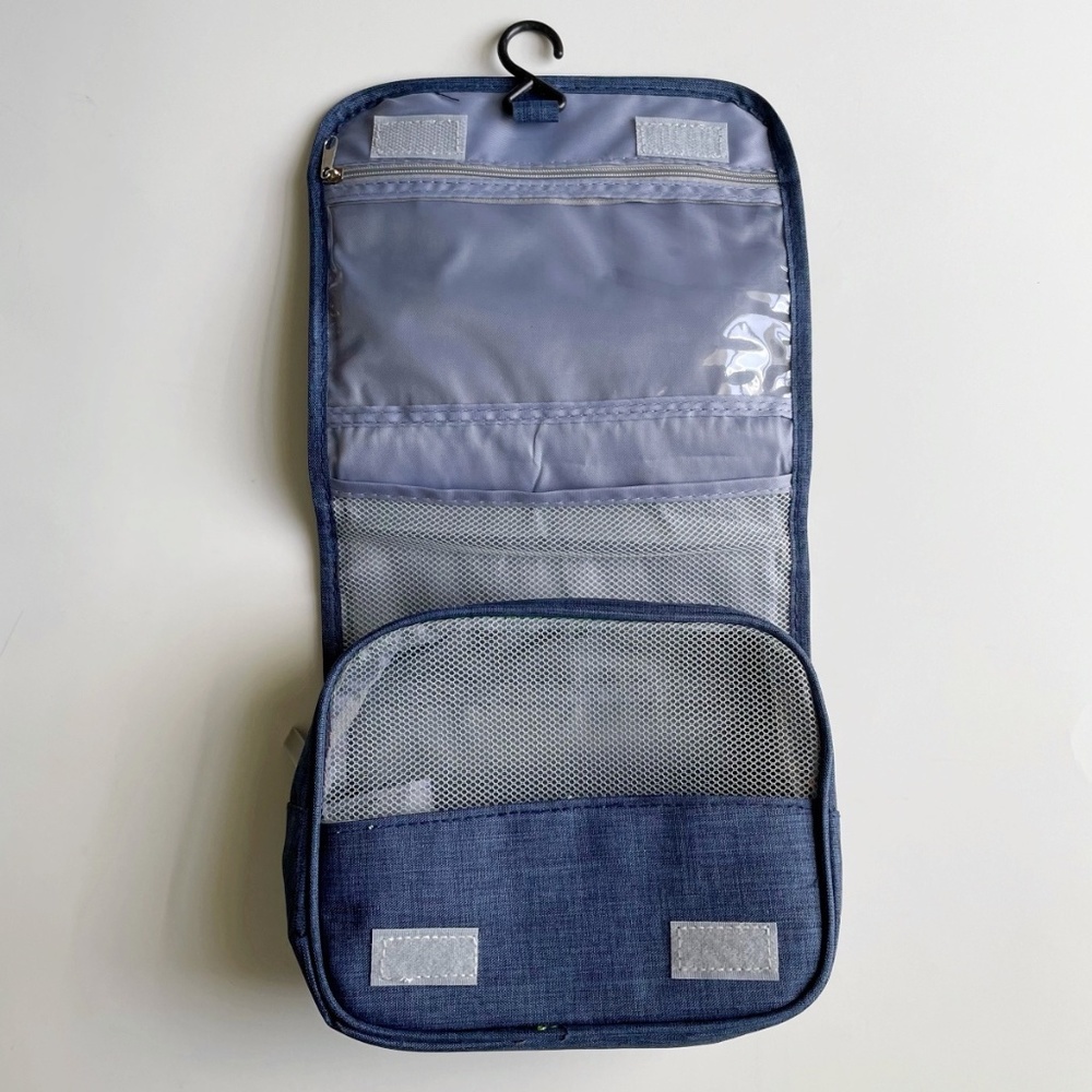 Travel Tolietry Oranger bag with hook Solid denim blue bottle holder zipper